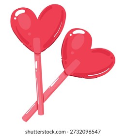 Par de piruletas en forma de corazón rojo lindo en palos rosados. Dulce Ilustración vectorial para las golosinas de San Valentín, la marca de la tienda de dulces y pegatinas románticas
