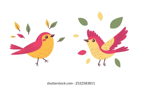 A Pair of Cute Red Robin Bird Animal with Leaves in the Park