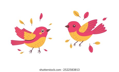 A Pair of Cute Red Robin Bird Animal with Leaves in the Park
