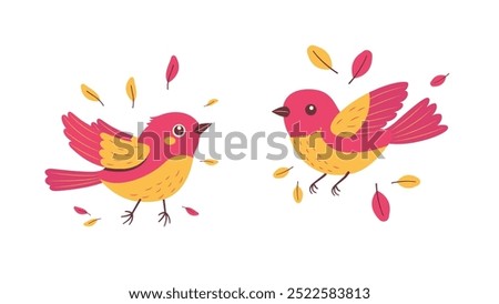 A Pair of Cute Red Robin Bird Animal with Leaves in the Park