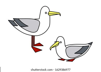 a pair of cute seagulls for logo, decoration or emblem, color vector illustration with black contour lines isolated on white background in cartoon and hand drawn style