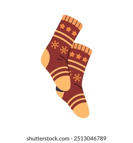 Pair of cute sock with Christmas pattern. Xmas stockings with traditional ornament. Winter accessory, seasonal warm clothes. New Year hosiery. Flat isolated vector illustration on white background