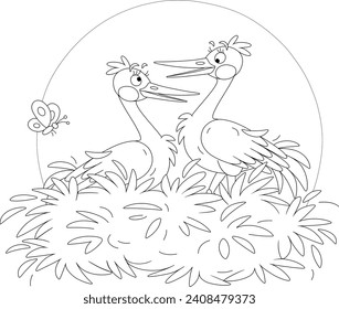 Pair of cute storks chatting happily in their family nest, black and white outline vector cartoon illustration for a coloring book