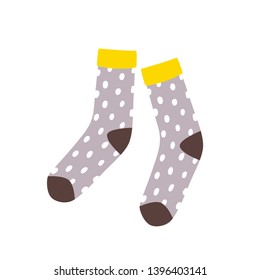 Pair of cute stylish dotted socks isolated on white background. Hand-knitted warm woolen apparel or accessory in Hygge style. decorative design element. Flat cartoon colorful vector illustration.