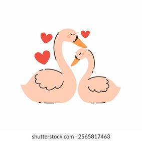 A pair of cute swans in love. Flat vector illustration.