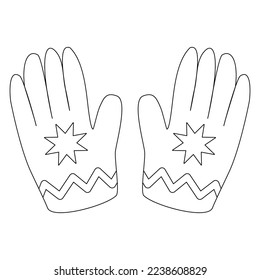 Pair of cute warm gloves ornate with nordic pattern, doodle vector outline for coloring book