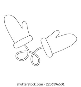 Pair of cute warm knitted mittens, doodle style flat vector outline for kids coloring book