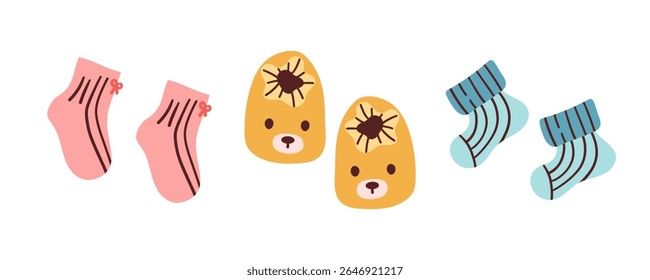 Par de meias quentes bonitas para bebês. Ícone crianças engraçadas meias. Adoráveis recém-nascidos, bebês com meias para meninos e meninas. Roupas infantis. Ilustração de vetor isolado plano sobre fundo branco