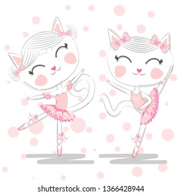 A pair of cute white ballerina cats in pink ballet tutu and pointe, children print on t-shirt.