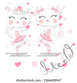 A pair of cute white ballerina cats in pink ballet tutu and pointe.