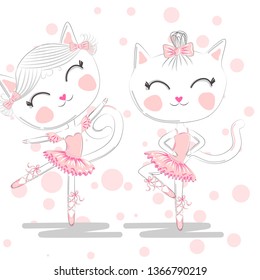 A pair of cute white ballerina cats in pink ballet tutu and pointe, children print on t-shirt.