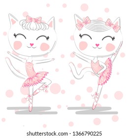 A pair of cute white ballerina cats in pink ballet tutu and pointe, children print on t-shirt.
