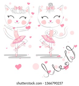 A pair of cute white ballerina cats in pink ballet tutu and pointe.