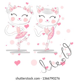 A pair of cute white ballerina cats in pink ballet tutu and pointe.