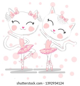 A pair of cute white ballerina cats in pink ballet tutu and pointe, children print on t-shirt.