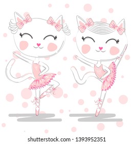 A pair of cute white ballerina cats in pink ballet tutu and pointe, children print on t-shirt.