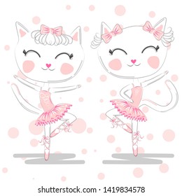 A pair of cute white ballerina cats in pink ballet tutu and pointe, children print on t-shirt.