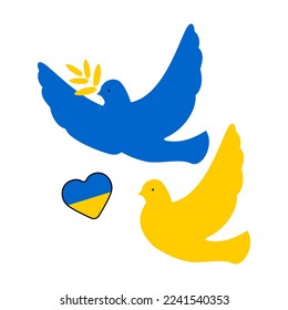 Pair of cute yellow and blue peace doves isolated on white background. Colors of the flag of Ukraine. Vector.