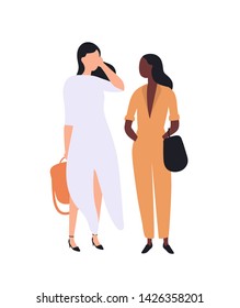 Pair of cute young stylish women standing and talking to each other. Funny girls in trendy apparel. Fashionable people or customers waiting in queue. Flat cartoon colorful vector illustration.