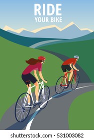 Par de ciclistas en la carretera cerca de las colinas y montañas. Incluyendo el título de su bicicleta. Motociclista de carretera rápida. Ilustración vectorial editable.