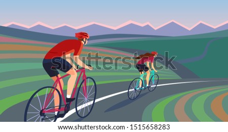 Pair of cyclists  riding on the road near the hills and mountains. Banner format. Fast road bikers editable vector illustration. 