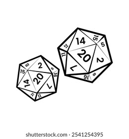 Pair of D20 Dice vector. D20 dice for board game. Board game dice. RPG. Tabletop RPGs. Gaming Enthusiasts. DnD. Role-Playing Game Dice Iconretro.Gaming Fans. play, illustration, icon