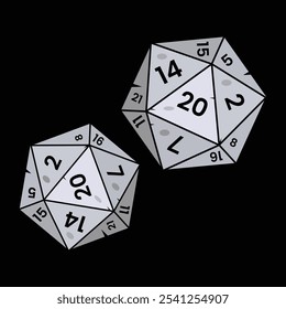 Par de Vector de dados D20. D20 dados para juego de mesa. Tablero juego de dados. RPG. Juegos de rol de mesa. Entusiastas de los videojuegos. DnD. Juego de rol Dice Iconretro.Gaming Fans. jugar, ilustración, icono