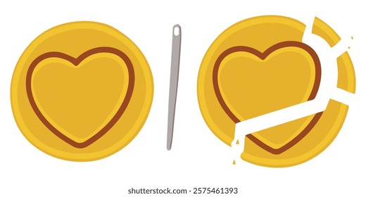 A pair of dalgona candies featuring a heart and an oval. A sweet yet challenging design for players to master the sugar-carving game