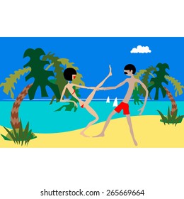 Pair dance. Dancing together. Dancing couple. Marine tropical beach. Cartoon. Flat.