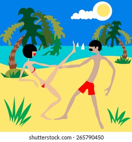 Pair dance. Dancing together. Dancing couple. Marine tropical beach. Cartoon. Flat.