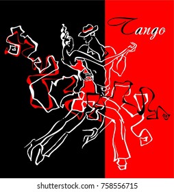 Pair dance. Tango. Man and woman dancing. Vector. Argentine tango. Red black background.