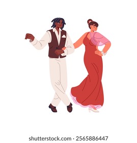 Pair of dancers shows with foxtrot. Couple of partners dance together. Woman in dress and man move with music. People performers do choreography. Flat isolated vector illustration on white background