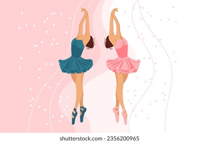 A pair of dancing ballerinas in dresses and pointe shoes on an abstract background. Illustration, vector	