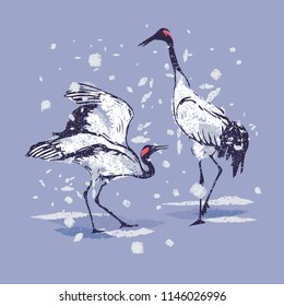 A pair of dancing cranes during, in snowfall. Tanajura - Japanese crane is a symbol of purity, happiness, honesty, and selfless help. Stylized illustration made in Asian style and aesthetics.