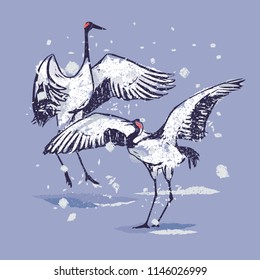 A pair of dancing cranes during, in snowfall. Tanajura - Japanese crane is a symbol of purity, happiness, honesty, and selfless help. Stylized illustration made in Asian style and aesthetics.