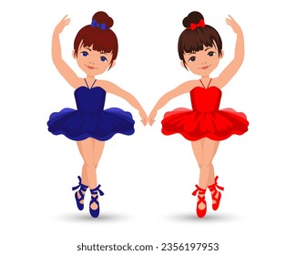 A pair of dancing girls ballerinas in dresses and pointe shoes on a floral background. Illustration, vector