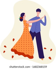 Pair dancing for men and women, night sport dance concept and vector illustration, isolated on white background. Male and female character and hobbies for self improvement, best hobby. Cartoon style.