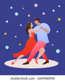 Pair of dancing people on a dark blue background in flat style. Stock vector illustration for web, print, wallpapers, backgrount, invitations and cards.