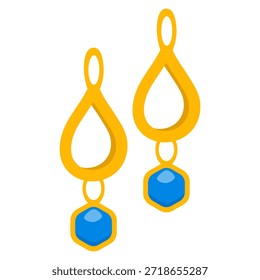 Un par de pendientes de oro colgantes con Formas de lágrima y piedras preciosas hexagonales azules.