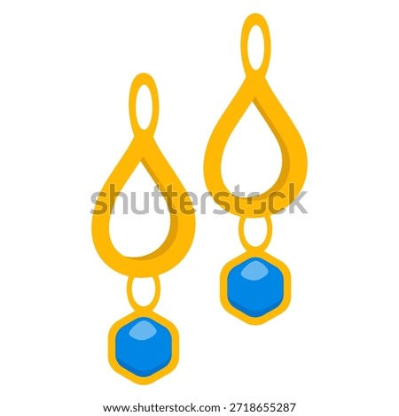 A pair of dangling golden earrings featuring teardrop shapes and hexagonal blue gemstones.