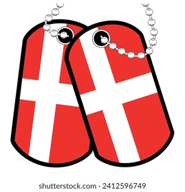 A pair of Danish military dog tags with chain over a white background showing the Denmark national flag