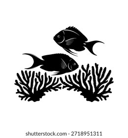 Um par de peixes escuros nadam graciosamente sobre intrincados recifes de corais contra um fundo branco limpo, apresentado como uma silhueta escura.