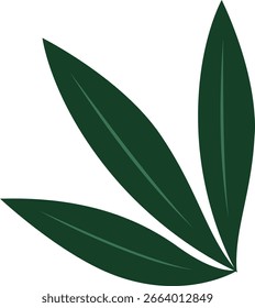 Par de hojas de lanza puntiaguda verde oscuro que divergen de un tallo, Vector botánico estilizado plano.
