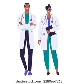 A pair of dark-skinned doctors in white coats. The male doctor folded his hands. Female doctor holding a clipboard in her hand. Smiling medical workers with stethoscope. Flat vector isolated on white.