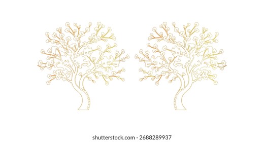 Um par de árvores decíduas nas cores do outono com flores. Contorno da árvore, árvore de outono, flores, árvore caduca, árvore florida.