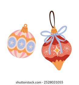 A pair of decorated Christmas tree balls. Xmas home decor items, bauble decorated with bow. Festive decorative colorful toy. Vector flat cartoon illustration isolated on white 