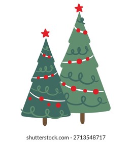 Par de árboles de Navidad decorados. Dos lindos pinos verdes con guirnaldas rojas y estrellas. Ilustración vectorial plana para tarjetas de felicitación de Festiva.