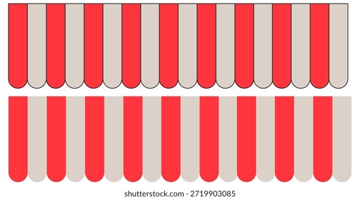 Um par de toldos decorativos com listras verticais vermelhas e beges alternadas e bordas recortadas, dispostos em duas linhas horizontais. Esses projetos clássicos de dossel evocam vitrines, bancas de mercado e ambientes festivos. Perfeito para uso em gráficos de carnaval, projetos com temas de circo, branding de varejo, visuais de eventos ao ar livre e promoções sazonais.