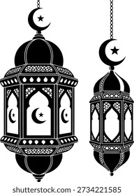 A pair of decorative Islamic lanterns, one larger and one smaller, both featuring intricate patterns and crescent moon and star motifs, rendered in a stark black and white style.