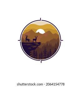 a pair of deer in the hills with beautiful trees at dusk. hunting feel